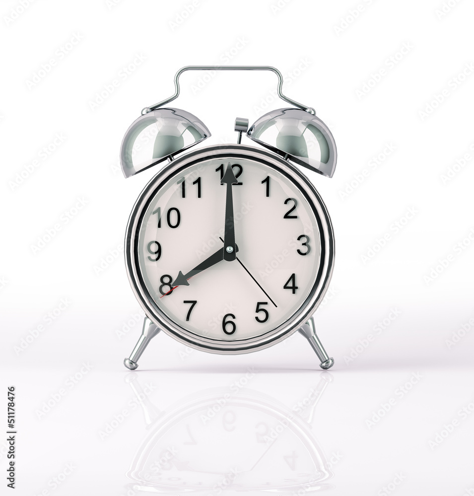 Classic Alarm clock chromed, front view on white background. Classic Alarm clock chromed, front view on white background.