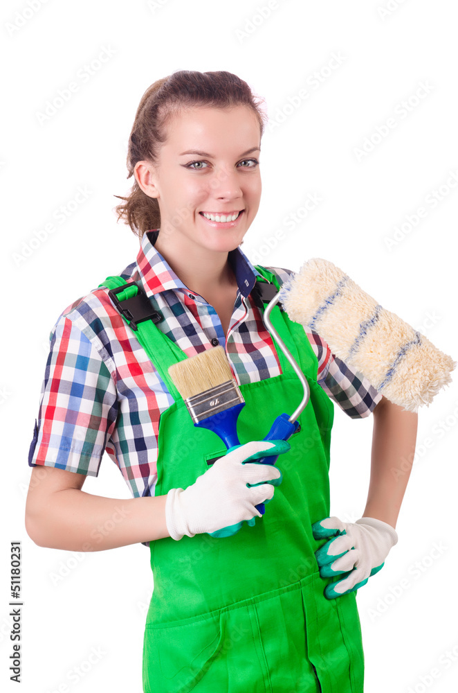 Woman painter with paintbrush on white Woman painter with paintbrush on white