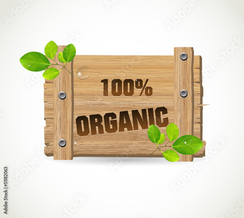 100% Organic - wooden bio icon with leaves and waterdrops