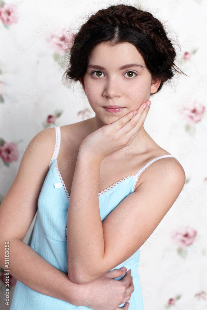 Portrait of pretty little girl in blue dress Portrait of pretty little girl in blue dress