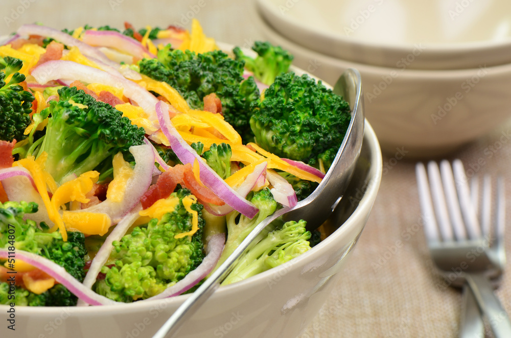 Broccoli salad with bacon, cheese and red onion Broccoli salad with bacon, cheese and red onion