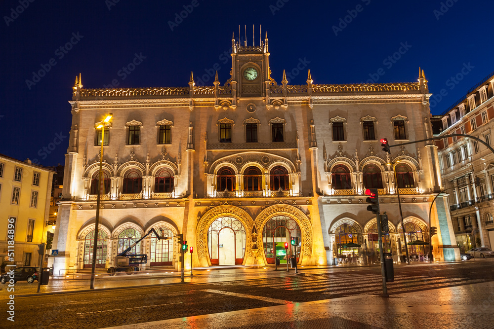 Rossio train station, main entrance at night. Lisbon, Portugal