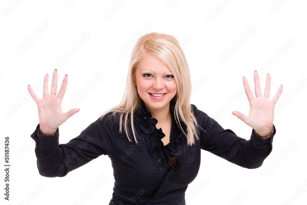 Smiling young woman is holding something abstract Smiling young woman is holding something abstract