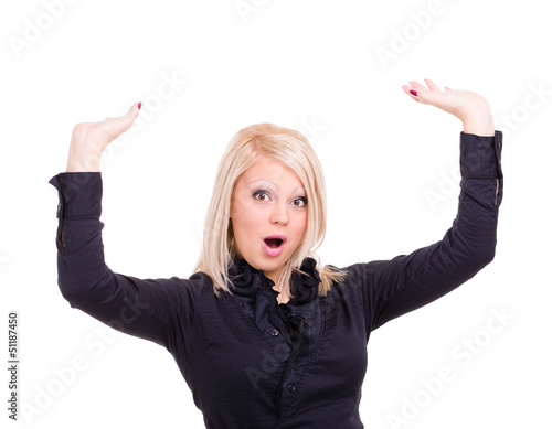 shocked young woman is holding something abstract