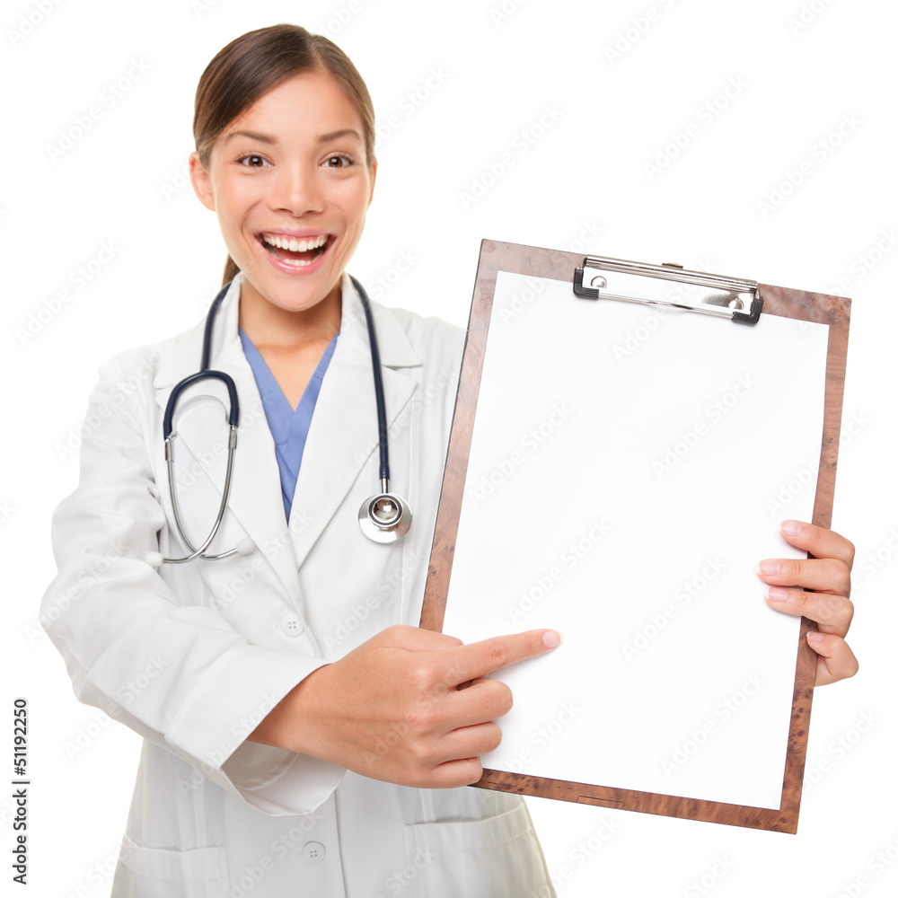 Medical doctor woman showing sign clipboard Medical doctor woman showing sign clipboard