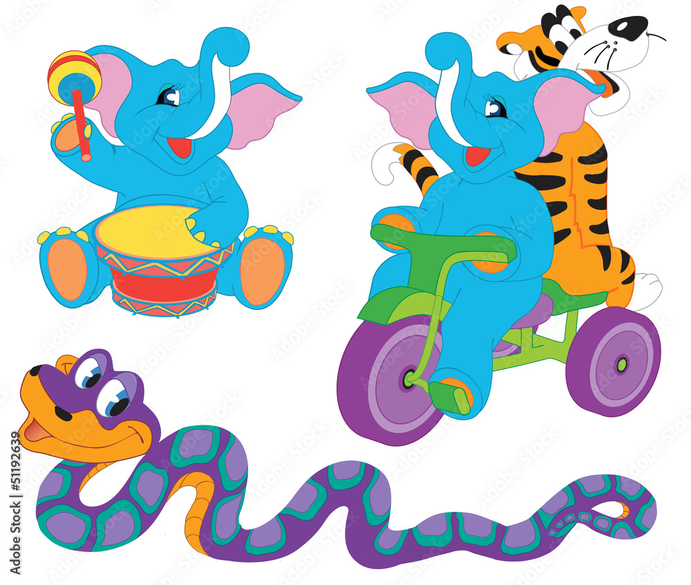 Naklejka premium Pretty cute cartoon animals: two elephants, tiger and boa