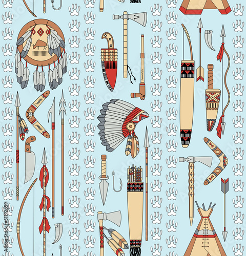 seamless pattern with Native American attributes and animal trac