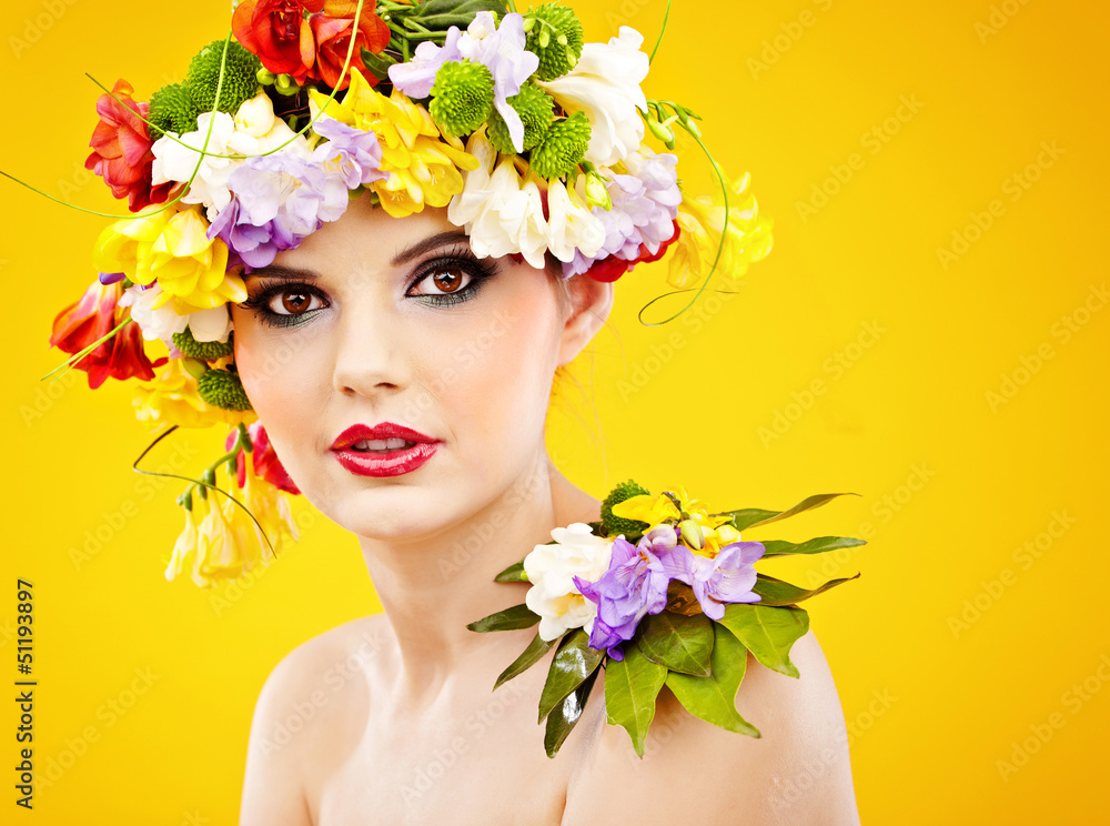 beauty woman portrait with wreath from flowers on head ogange b beauty woman portrait with wreath from flowers on head ogange b