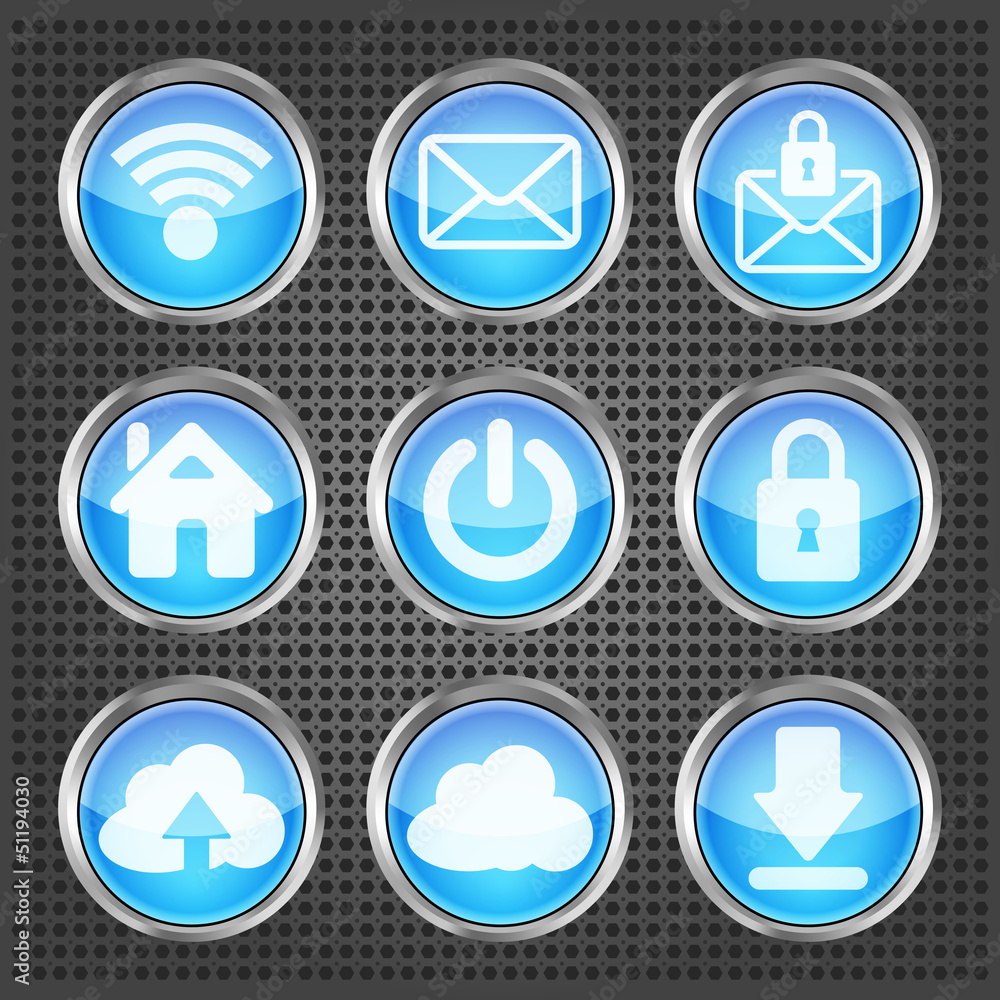set of blue web icons on a metallic background set of blue web icons on a metallic background