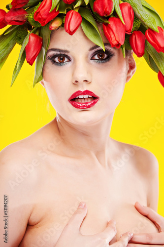 beauty woman portrait with wreath from flowers on head ogange  b