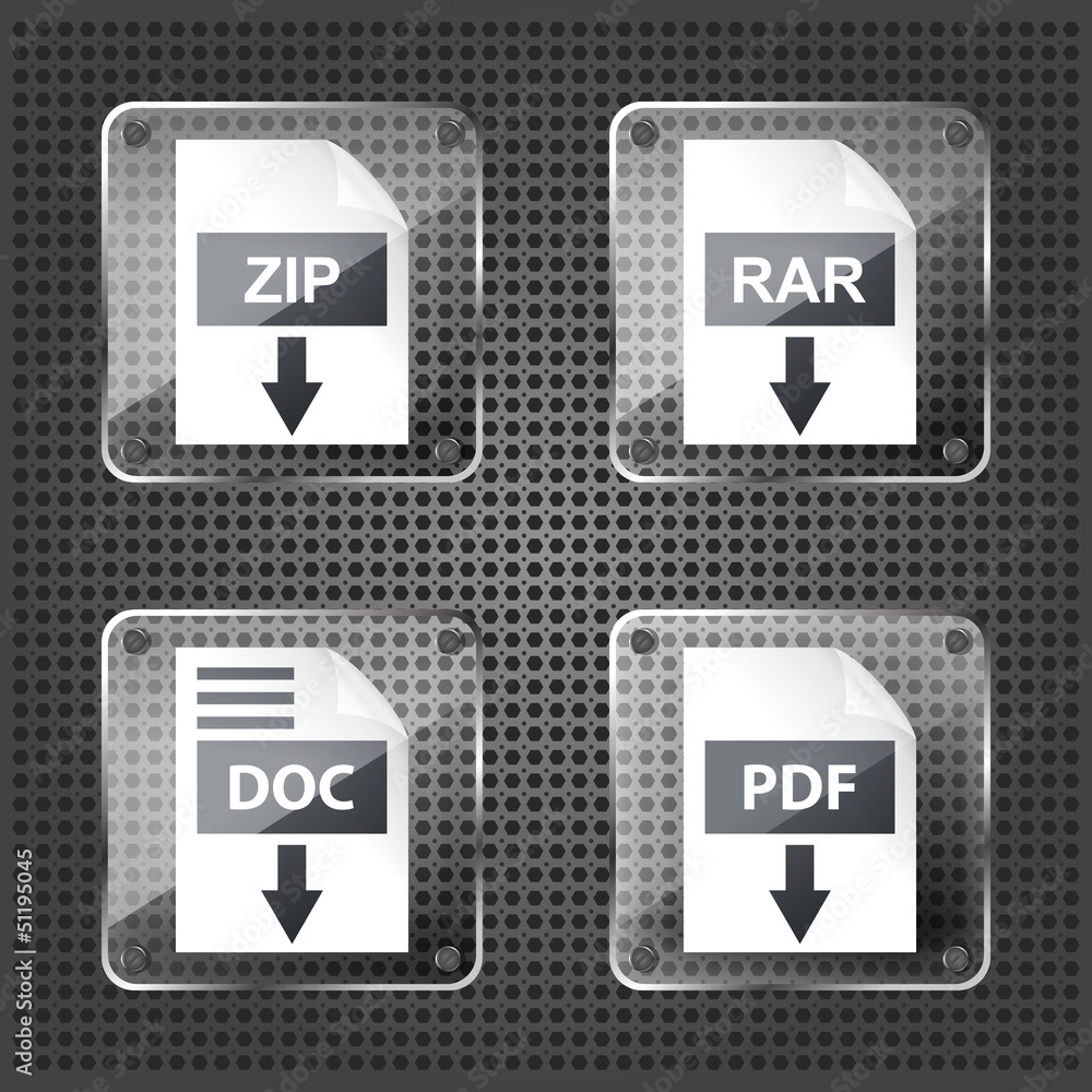 set of transparency rar, zip, doc and pdf download icons on a me