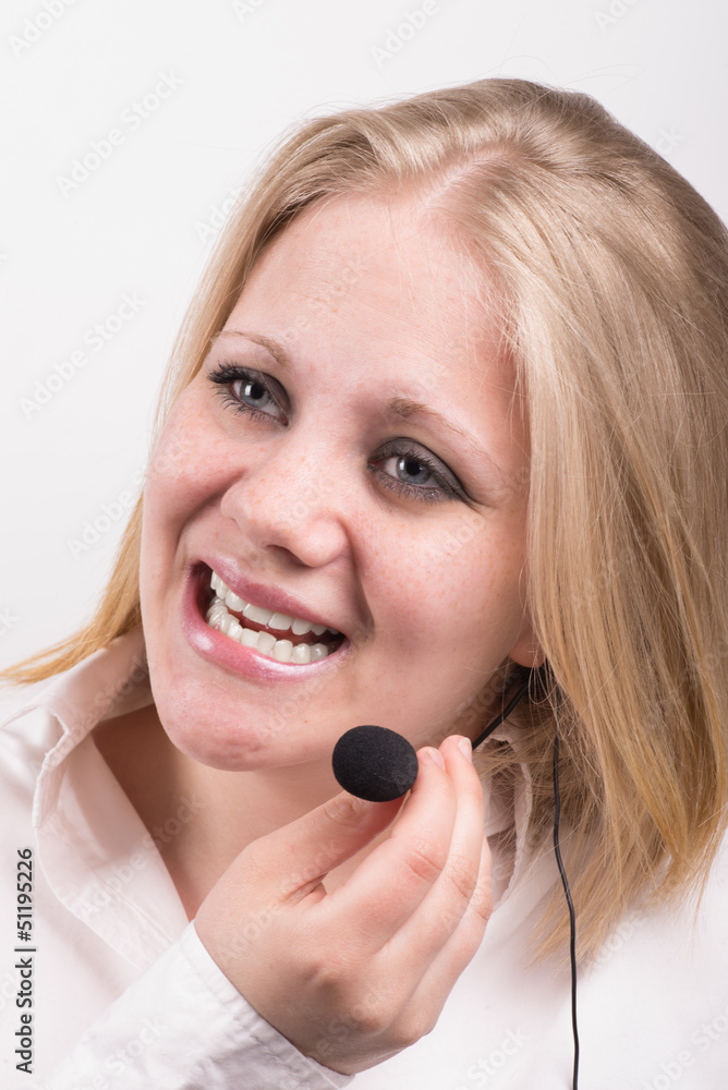 representative young laughing female telephone operator representative young laughing female telephone operator