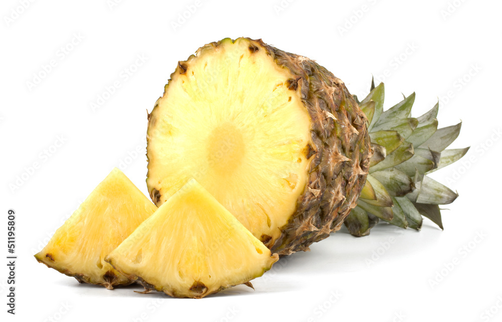 Juicy pineapple with slices isolated on white background Juicy pineapple with slices isolated on white background