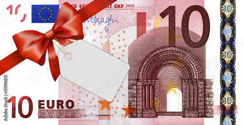 10 Euroschein mit rotem Band und Schleife mit Label