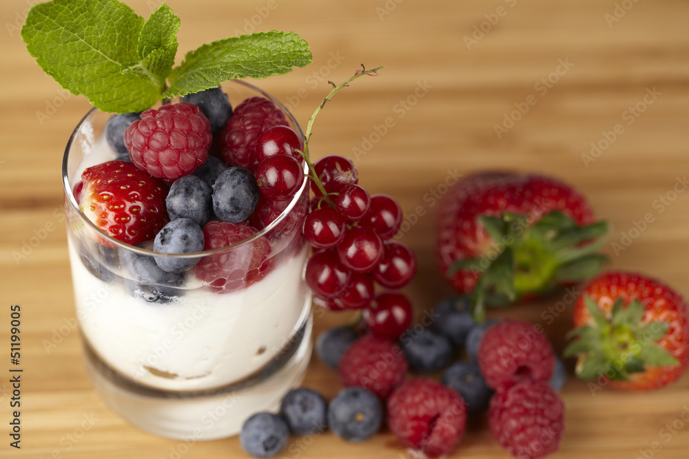 Joghurt mit Beeren und Pfefferminzzweig Joghurt mit Beeren und Pfefferminzzweig