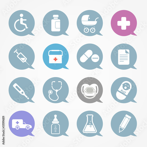 Medicine web icons set in color speech clouds