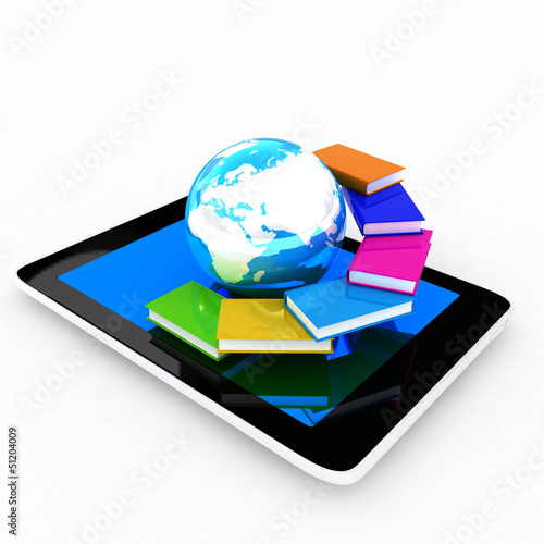 Wallpaper Mural tablet pc and earth with colorful real books  on white backgroun Torontodigital.ca
