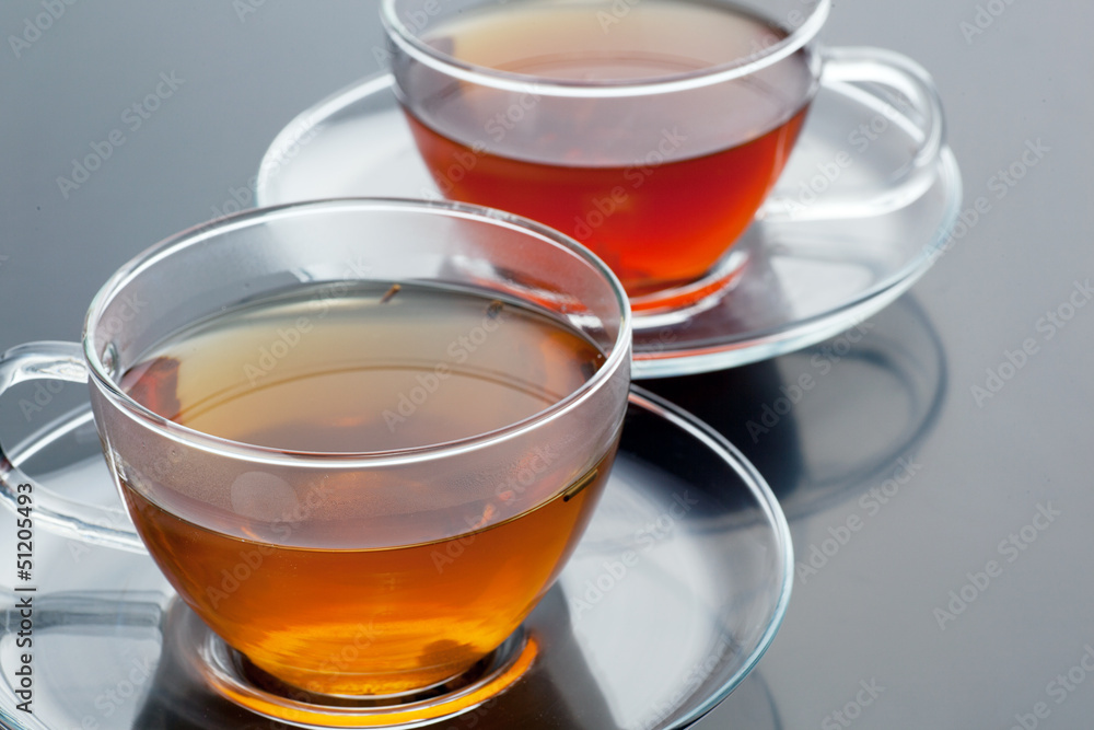 Transparent cup with green and black tea Transparent cup with green and black tea