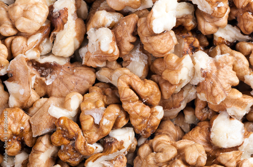 Shelled walnuts close up