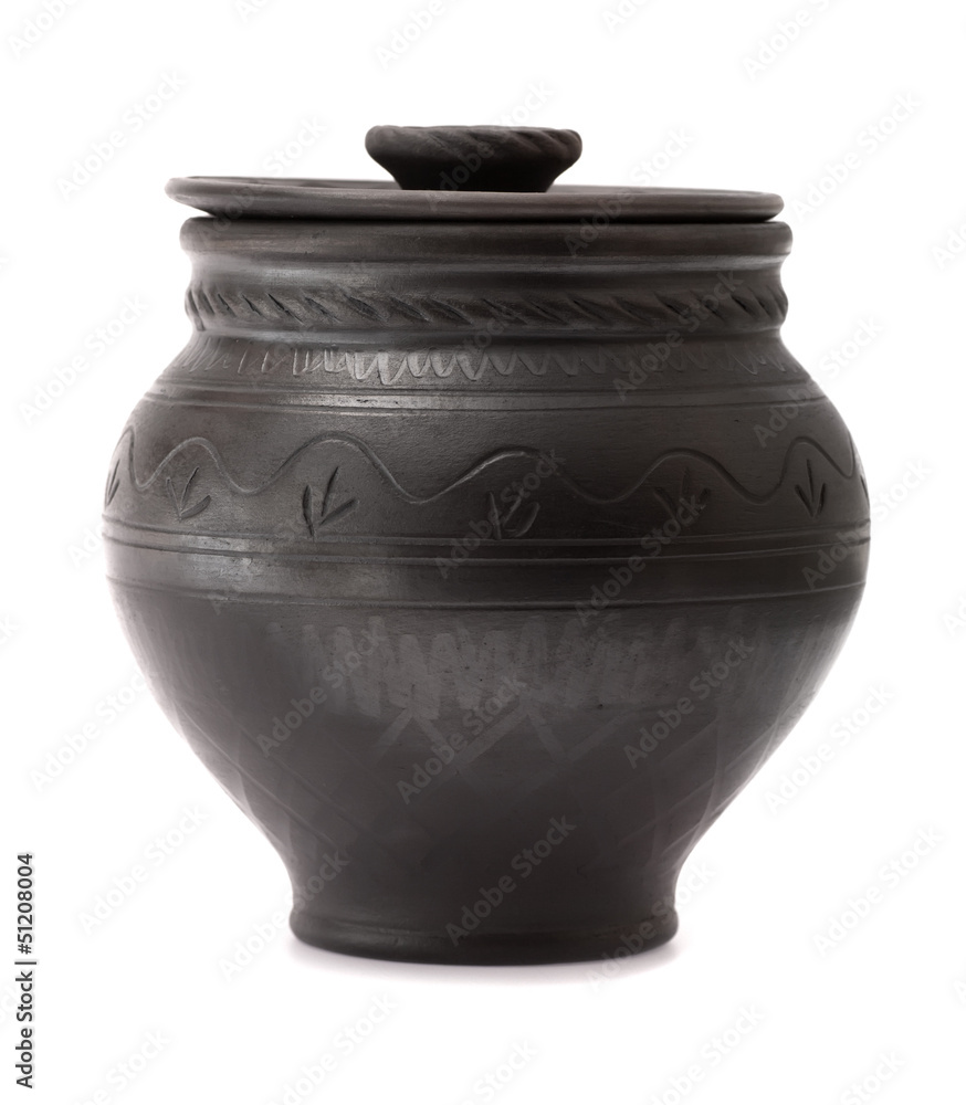 Black ceramic pot on white