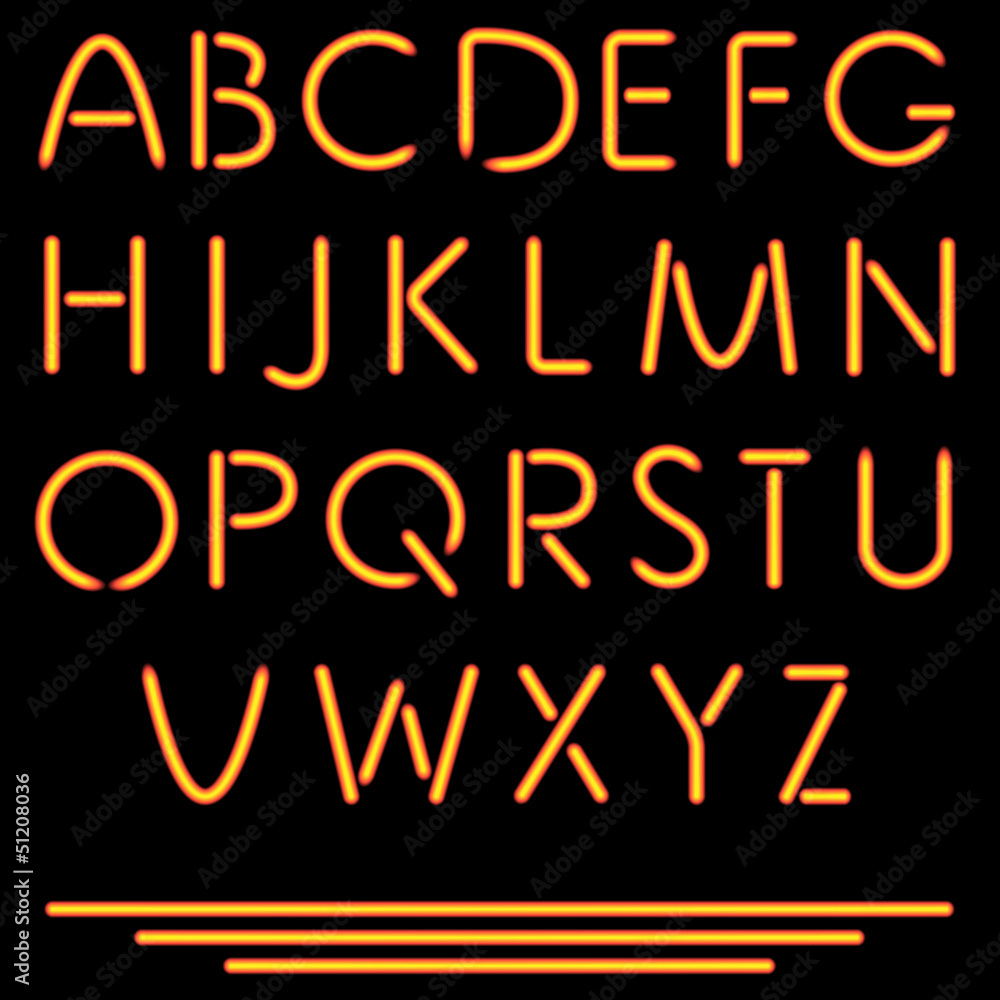 Realistic Neon Tube Letters. Vector Illustration. Neon Alphabet.