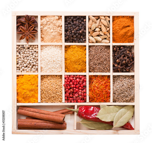 Various spices in the wooden box