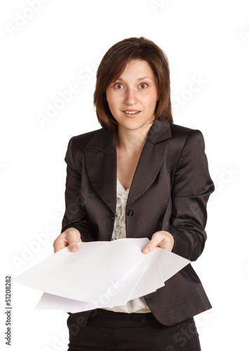 business woman girl is surprised with papers in handwhite photo