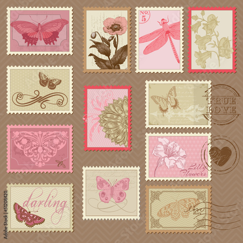 Retro Postage Stamps - with butterflies and flowers - for weddin