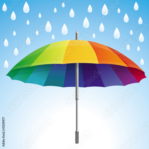 Vector umbrella and rain drops in rainbow colors