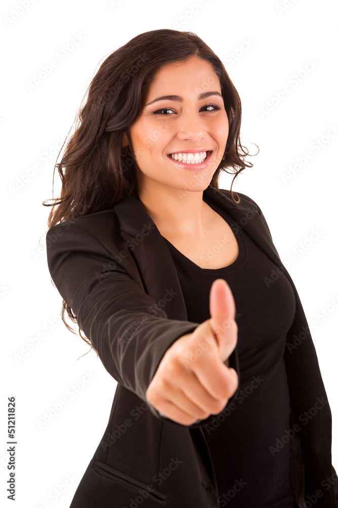 Happy smiling business woman with thumbs up gesture Happy smiling business woman with thumbs up gesture