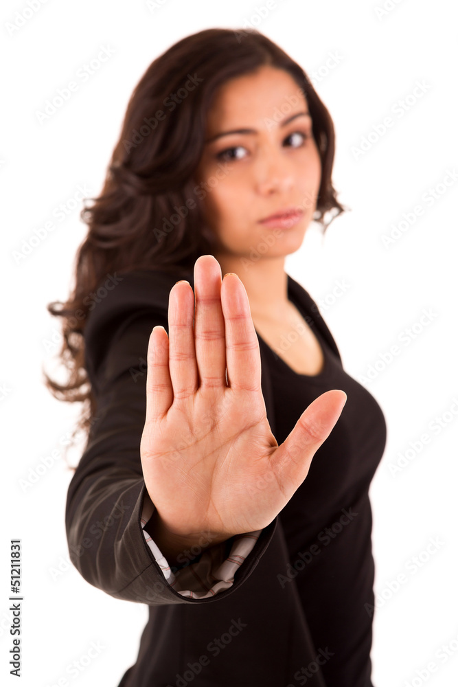 Businesswoman making stop sign on white background Businesswoman making stop sign on white background