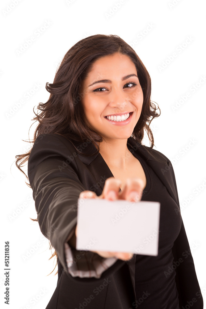 Friendly woman holding a business card and smiling Friendly woman holding a business card and smiling