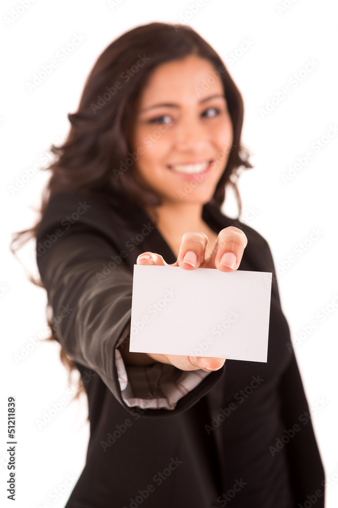 Friendly woman holding a business card and smiling Friendly woman holding a business card and smiling