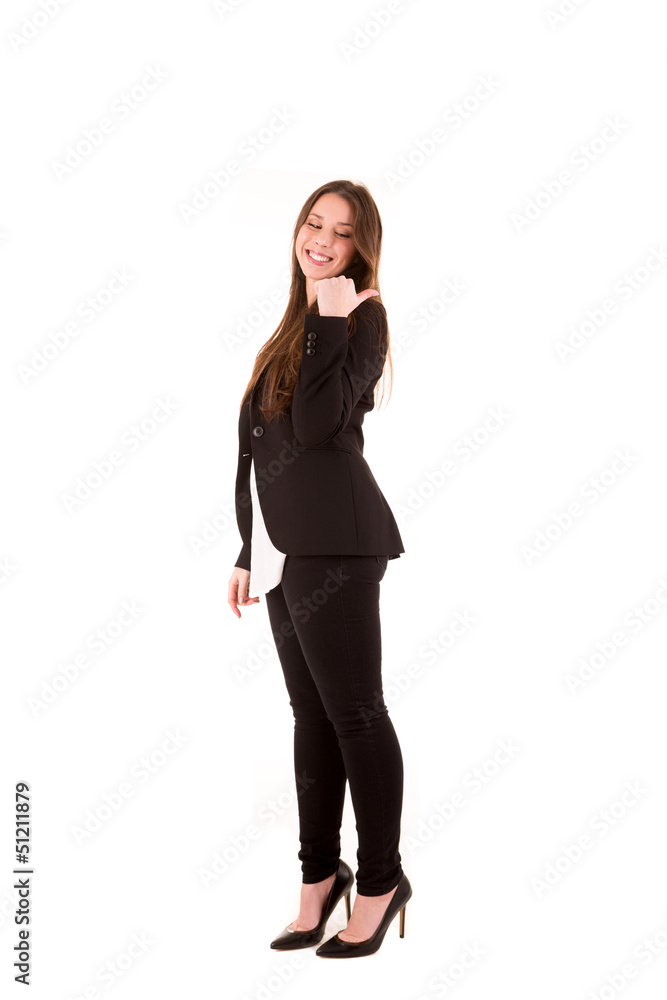Young beautiful female business executive pointing at copyspace Young beautiful female business executive pointing at copyspace