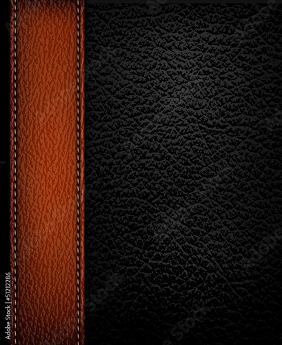 Black leather background with brown leather strip. Vector illust