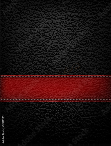 Black leather background with red leather strip. Vector illustra
