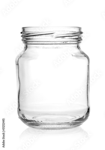 Glass jar with empty threaded on a white background.