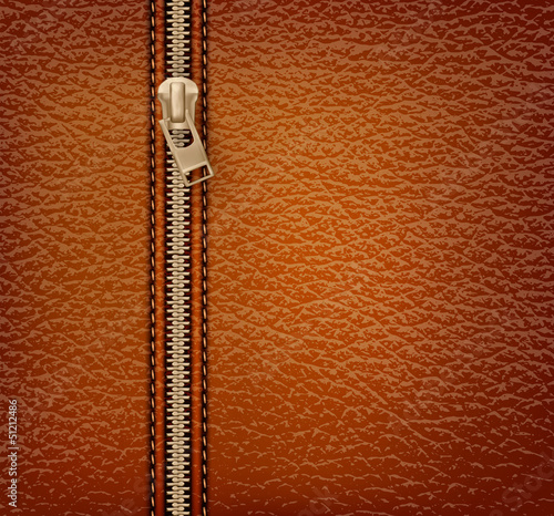 Brown leather texture background with zipper. Vector illustratio