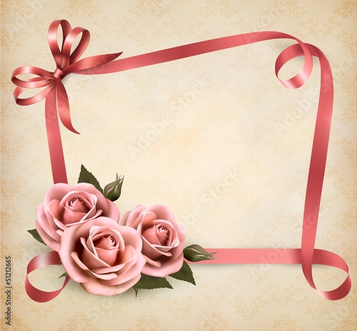 Retro holiday background with pink roses and ribbons. Vector ill