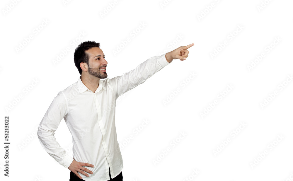 Attractive young men pointing something Attractive young men pointing something