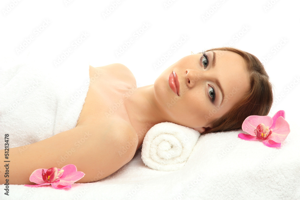 beautiful young woman in spa salon, isolated on white beautiful young woman in spa salon, isolated on white