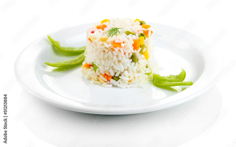 Delicious risotto with vegetables, isolated on white Delicious risotto with vegetables, isolated on white