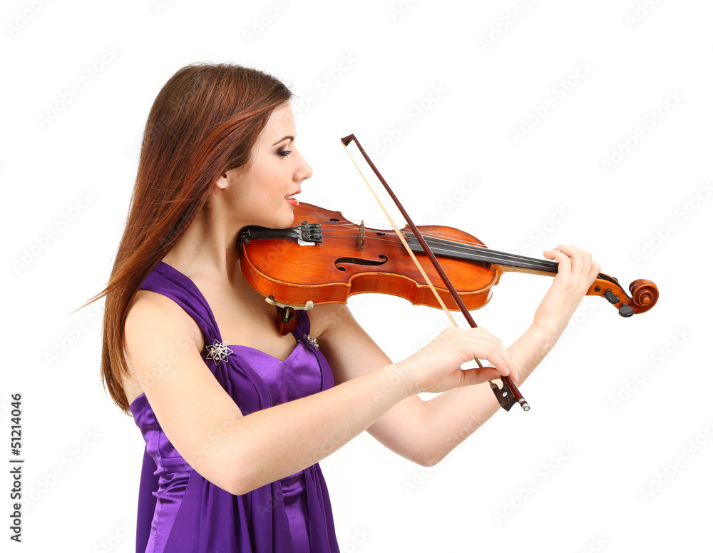 Beautiful young girl with violin, isolated on white Beautiful young girl with violin, isolated on white