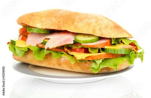 Fresh and tasty sandwich with ham and vegetables isolated