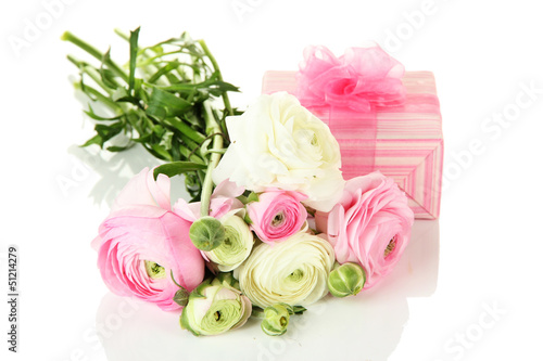 Ranunculus  persian buttercups  and gift  isolated on white