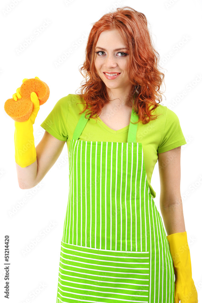 Young woman wearing green apron and rubber gloves with sponge, Young woman wearing green apron and rubber gloves with sponge,
