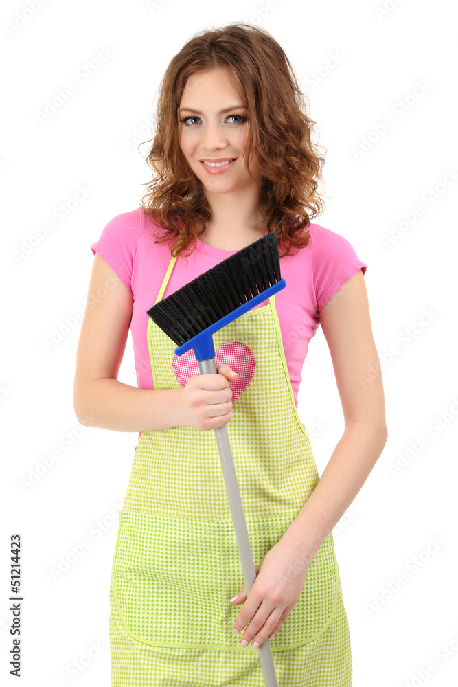Young housewife with broom and dustpan, isolated on white Young housewife with broom and dustpan, isolated on white