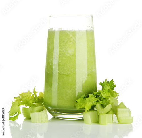 Glass of celery juice, isolated on white