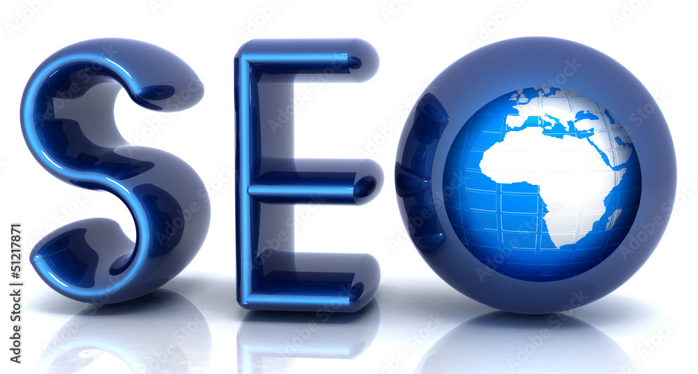 Blue metallic text 'SEO' with earth globe, symbol Blue metallic text 'SEO' with earth globe, symbol