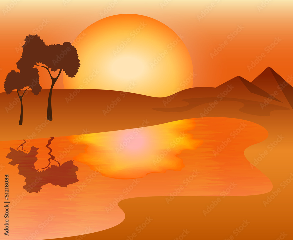African landscape - sunset on the lake, vector illustration